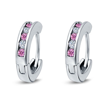 Eternity Huggie Hoop Earrings Channel Round Simulated Pink Cubic Zirconia 925 Sterling Silver